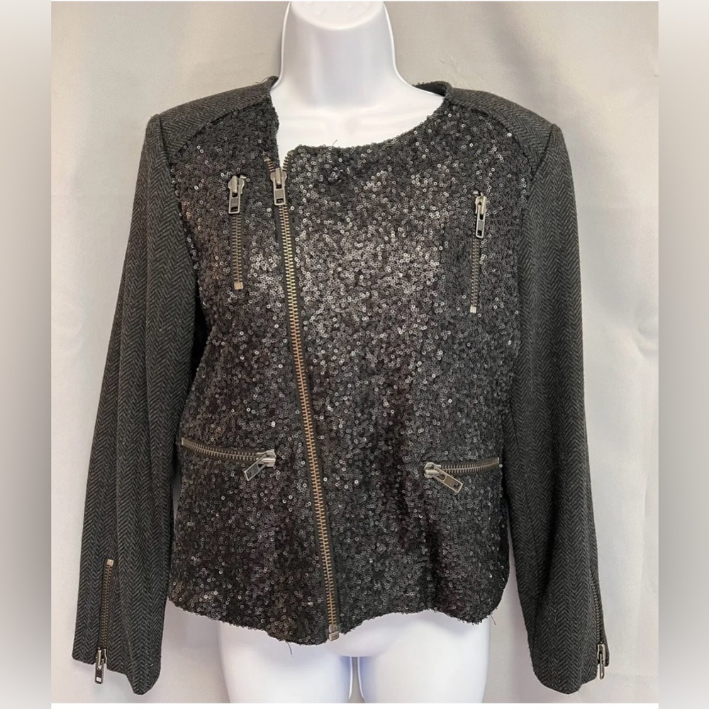 MM Couture By Miss Me Black Tuxedo Blazer, Size Large sequin Wool Women’s